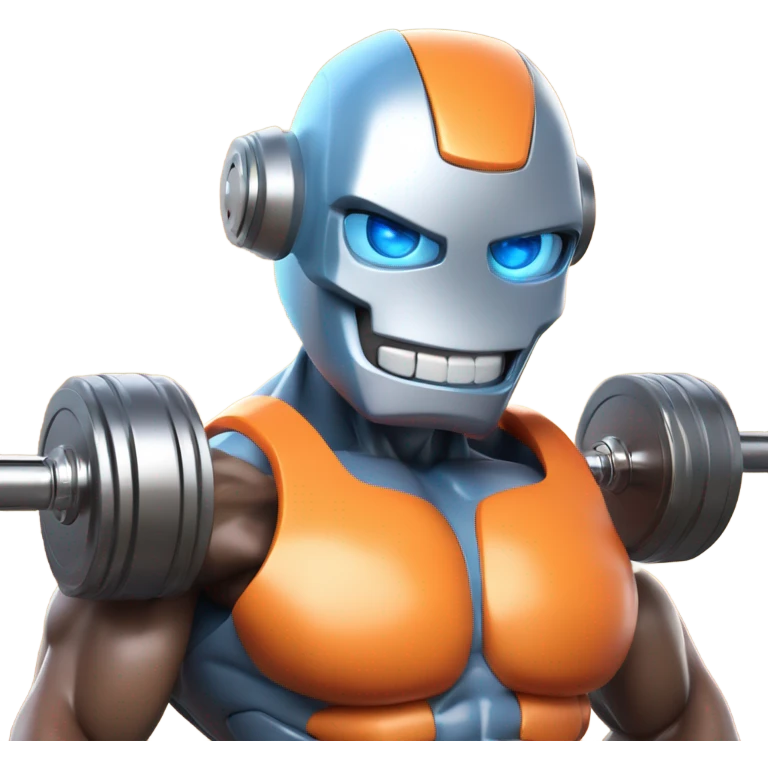 A Disney Pixar-style 3D render of a bodybuilder robot's face with blue eyes in a gym. show only the face. The robot is wearing an orange tank top, holding a dumbbell, and has a confident, friendly expression emoji