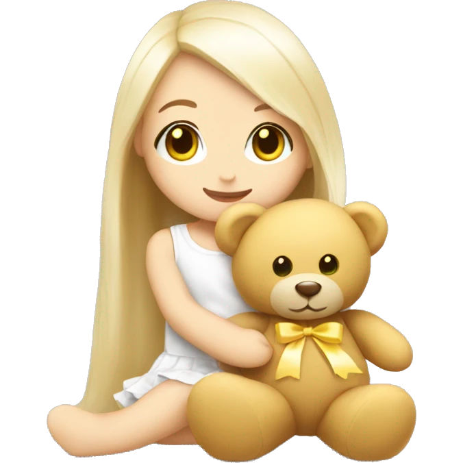 cute white doll with yellow bow, long straight hair, hugging a Teddy bear emoji