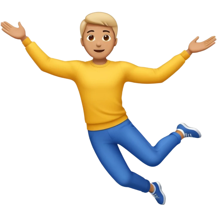 A cartoon-style emoji of a man flying backwards, leaning backward as if levitating from music, arms spread, energetic and joyful, simple bold lines, bright colors, minimal background, perfect for social media emoji, high contrast, small icon size emoji