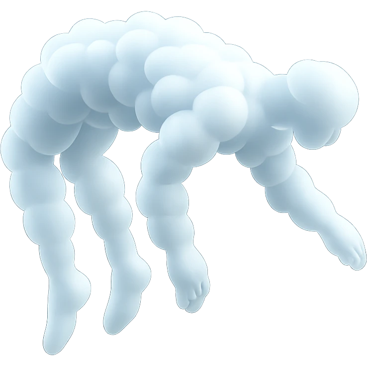 side view of unconscious person flying upwards by torso, legs and arms downwards, made of small very bright white fluffy convex clouds, matte glass style emoji