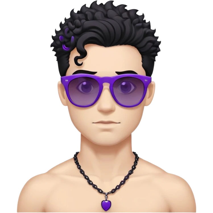 shirtless male athlete with white skin and moderately curly black hair on top with shaved sides, wearing purple sunglasses with black tinted lenses and a plain black chain necklace without pendant emoji
