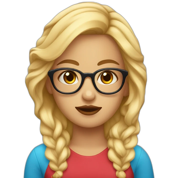 chica rubia con pelo largo ondulado, ojos azules, labios rojos y gafas negras emoji