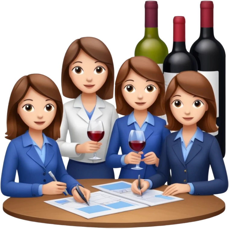 Make a photo of 5 project managers, specifically 3 girls with brown hair and 2 boys, that are making project for improvement of the winery emoji