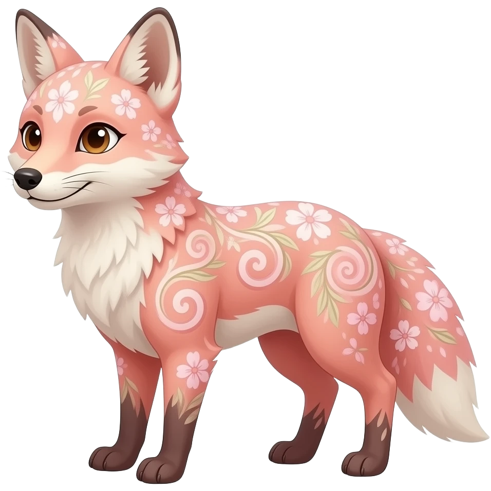 Anthropomorphic digitigrade Pastel beige and pastel Sakura-pink fox furry-Falvie-Fionbri-fursona with floral swirly markings and white spot markings, 2 legs, modern, sophisticated emoji