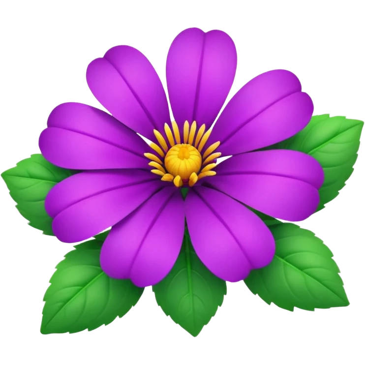 Still life detailed realistic, 3D rendering ultra bright purple flower head with two green leaves emoji