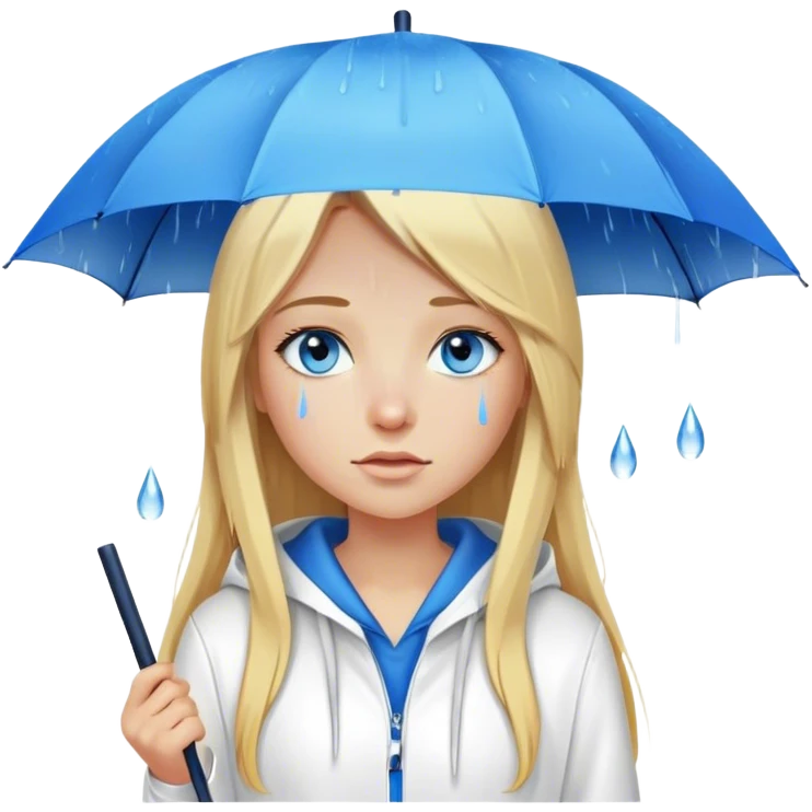 Cinematic realistic emojis in the form of a blonde girl with long hair, blue eyes and a straight nose, wearing a white hoodie, holding an umbrella above her, on which rain is dripping emoji