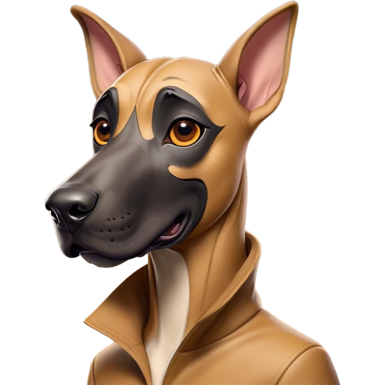 Cinematic Comical Fawn Great Dane Portrait Emoji, Head tilted dramatically with an exaggeratedly amused expression, featuring a sleek fawn coat with a subtle dark mask, wide, expressive amber eyes filled with playful disbelief, Simplified yet hilariously expressive features, highly detailed, glowing with a slightly sassy glow, high shine, dramatic yet playful, stylized with an air of cheeky mischief, bright and endearing, soft glowing outline, capturing the essence of a spirited and over-the-top guardian, so meme-worthy it feels like it could side-eye its way into internet fame instantly! emoji