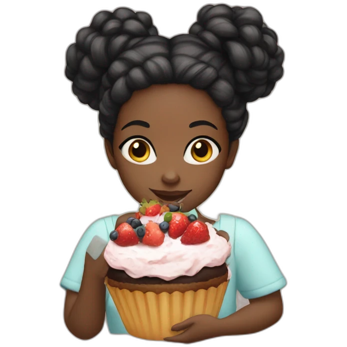 A black girl, black hair in a bun, eat cake separate fruits emoji