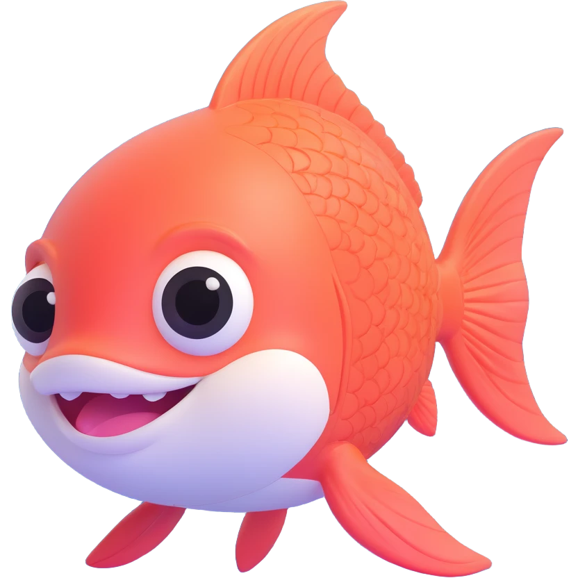 cute pink fish emoji with a big smiling face, huge shiny eyes, rosy cheeks, tiny fins, soft pastel colors, underwater background with bubbles and coral, 3D glossy style, chibi emoji look, super kawaii emoji