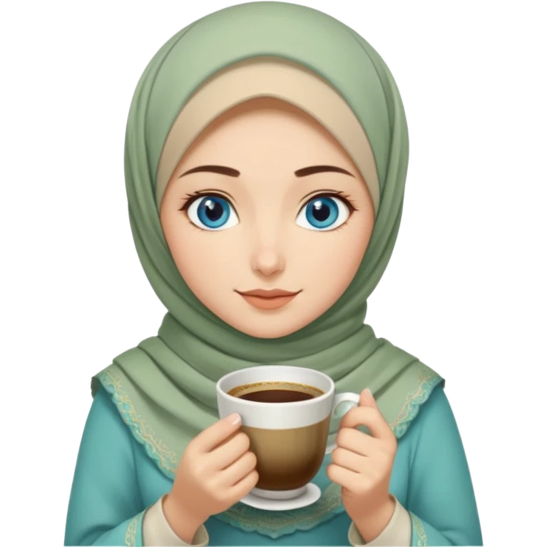 Turkish beautiful finish Konya girl blue eyes with beige and light green hijab islamic dress and had on her hand Turkish coffee emoji