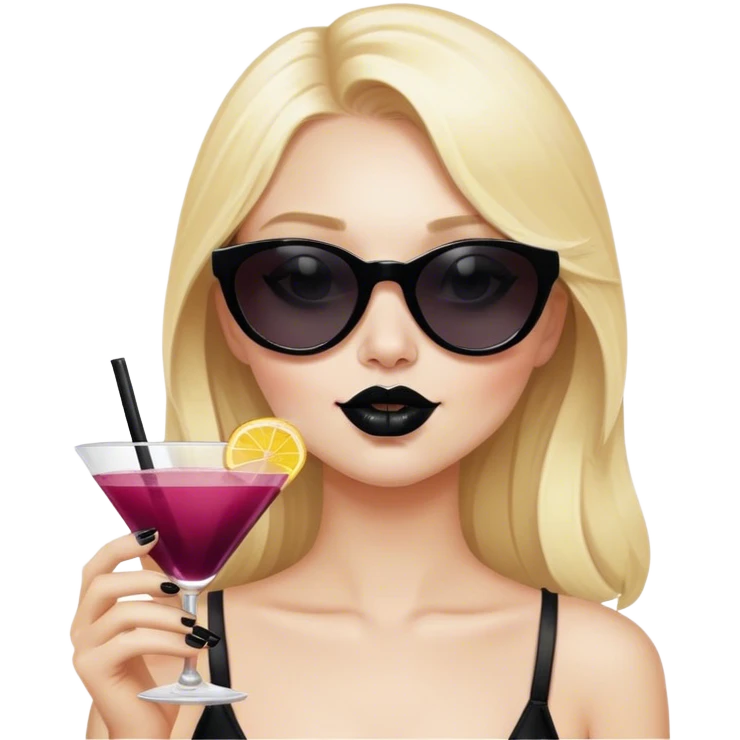 Blonde girl wearing sunglasses and sipping a cosmo with black lipstick emoji