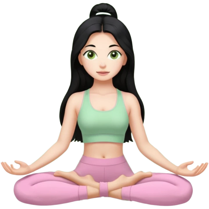 Girl with super long black hair with light green eyes doing yoga with light pink clothes emoji