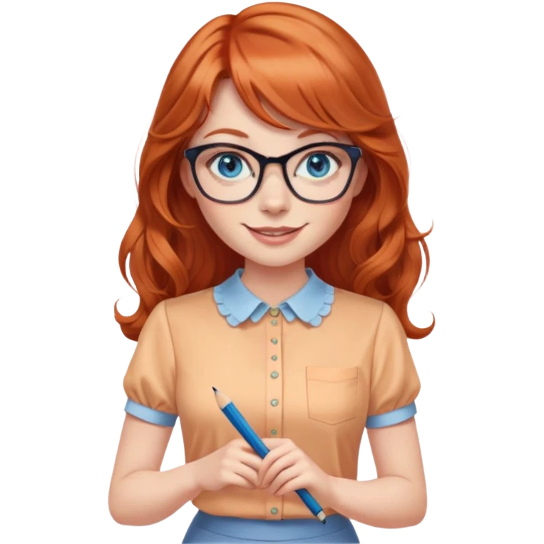 redheaded woman with long wavy hair and bangs, blue eyes, clear cat-eye glasses, short-sleeve apricot blouse, pencil skirt, holding a pencil, smiling emoji
