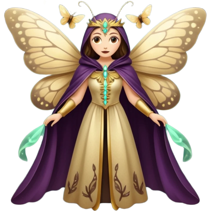 mystical woodland woman dressed as moth queen, velvet wing cloak, glowing dust emoji