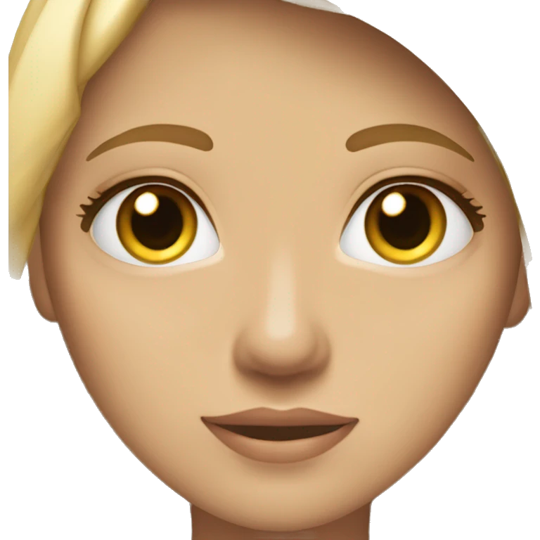 Una chica rubia oscuro, blanca, hojos hazel, facciones bonitas y relajada emoji