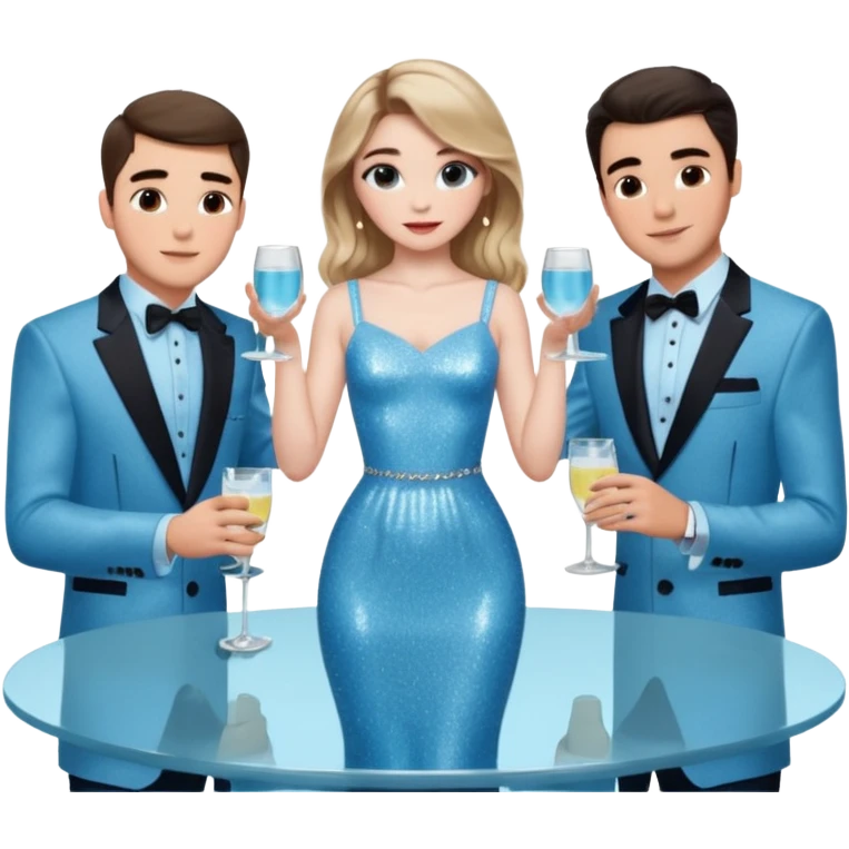 Sabrina’s carpenter in a light blue sparkly dress at a table with 3 handsome men facing each other and she is standing up putting her hand out. There are drinks on the table  emoji