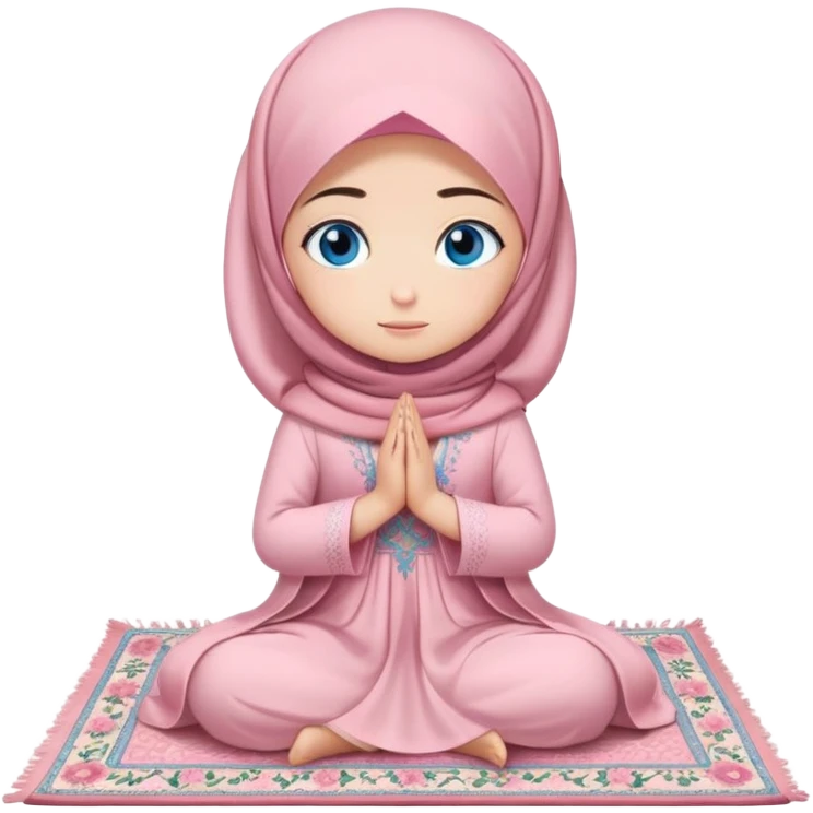 Turkish beautiful finish Konya girl blue eyes with powder pink color flower hijab long tail dress and sits on the pray mat namaz on the ground with dua  emoji