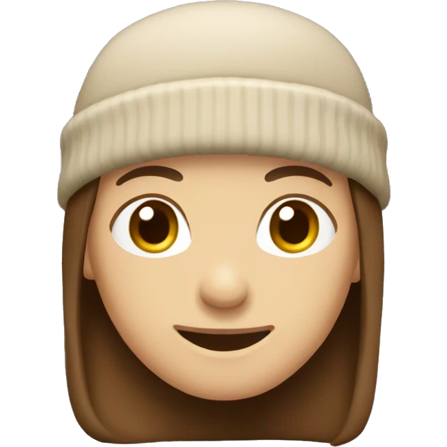 A person with medium-length brown hair, beige beanie, brown eyes, grins. No body only head, face. emoji