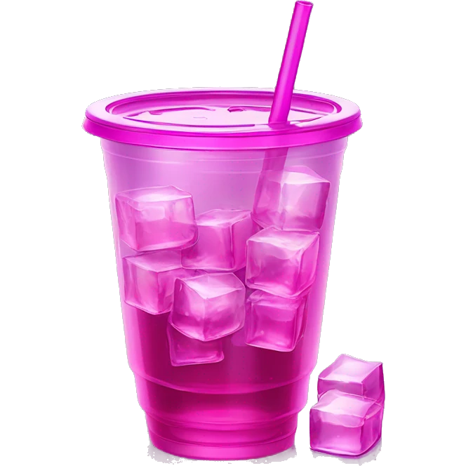 Realistic see through plastic cup and lid with half full Transluscent magenta soda,straw and large ice cubes inside. emoji