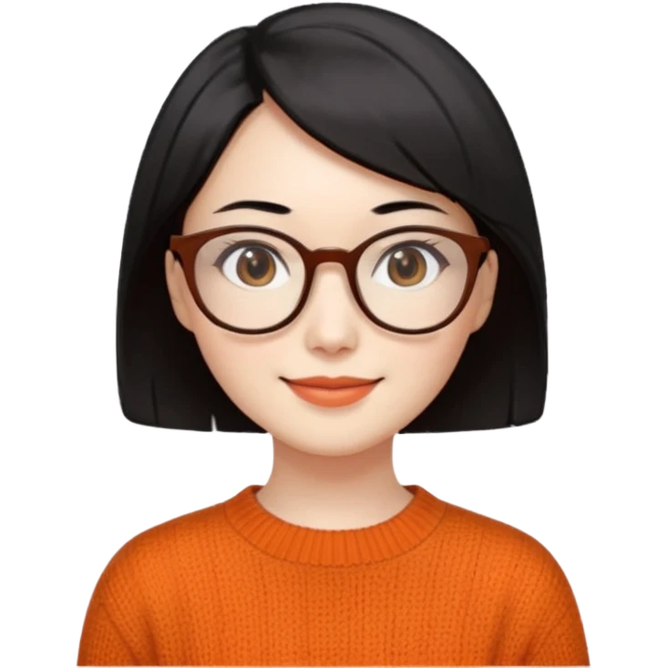 Korean 35-year-old female online marketer / white face / smiling expression / short hair / intellectual look / black hair / orange knit / brown glasses emoji