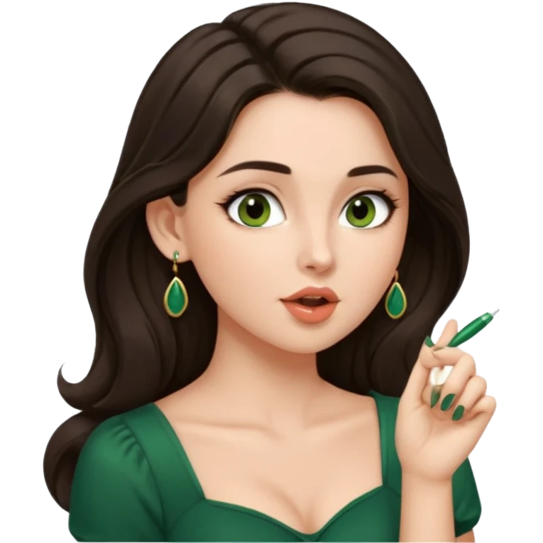 pretty bratz genmoji that looks like tamannah bhatia (bollywood actress), wearing a dark green sweetheart neckline top, dark brown hair, light makeup, no necklace, dangly earrings, SIDE hair part, fair. dark brown eyes, long hair

Show her licking her finger  emoji