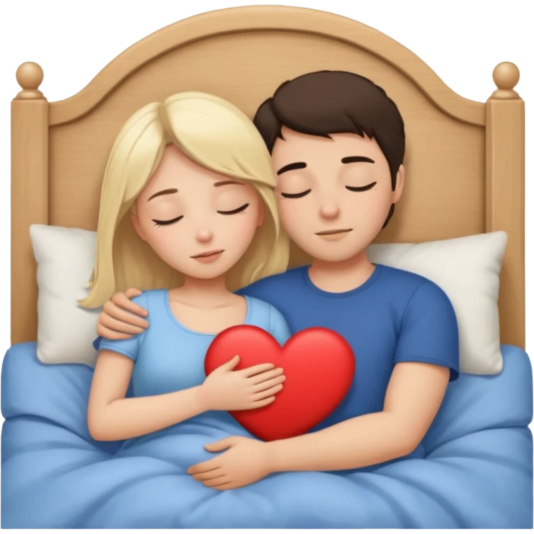 cuddling in bed, asleep. blonde girl. brunette man. eyes closed. heart between them. no headboard emoji