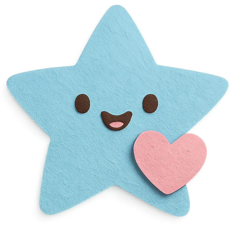 Happy pastel blue star with a tiny pastel heart in front, no arms or legs, full body, transparent background, in kawaii paper craft style. emoji