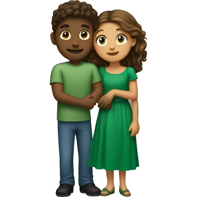 Crete an emoji a couple (boy with green dress, girl with red dress) hugging each other emoji