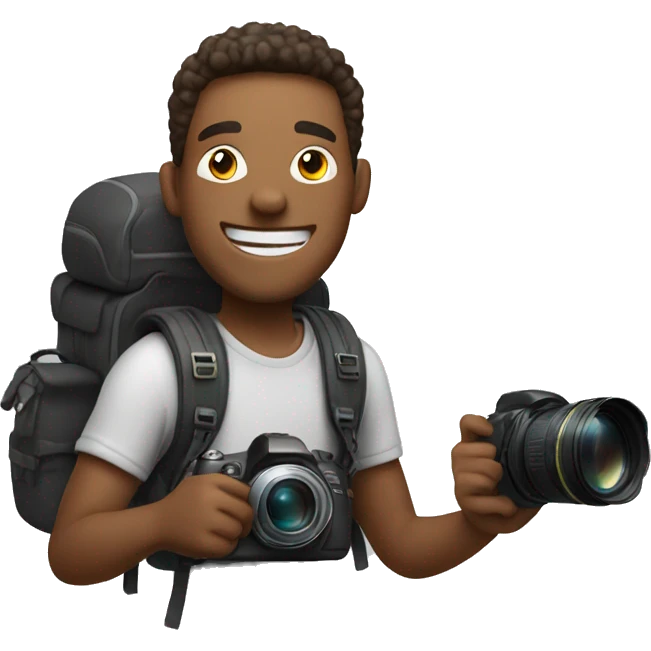 happy guy with backpack holding camera emoji