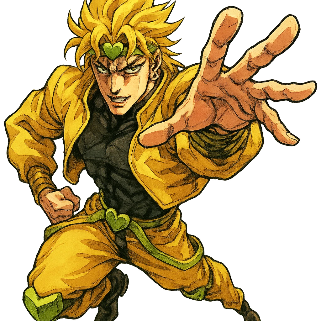 Dio Brando, exaggerated pose, intense eyes, JoJo's Bizarre Adventure style, dynamic shading emoji