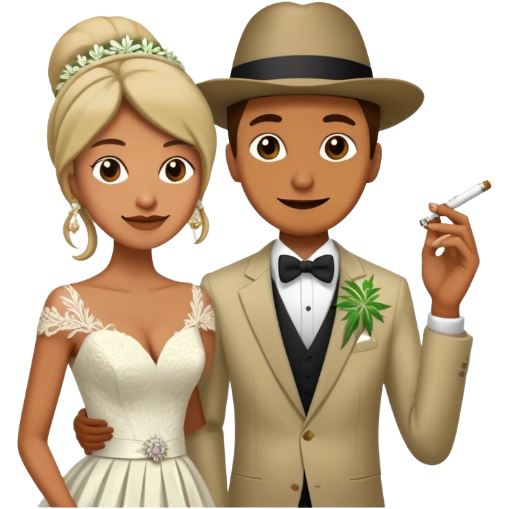 Person in fancy clothes sneaking into a wedding ceremony with a mischievous grin, uninvited guest, smoking cannabis emoji