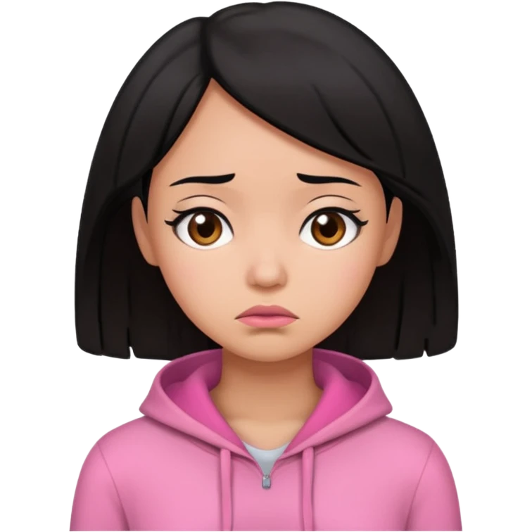 black hair woman with pink outfit and sad face emoji