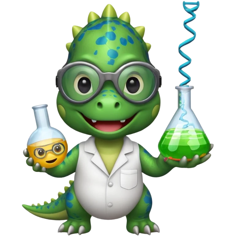 cheerful dino wearing safety goggles, holding a DNA strand and a flask, emoji style emoji