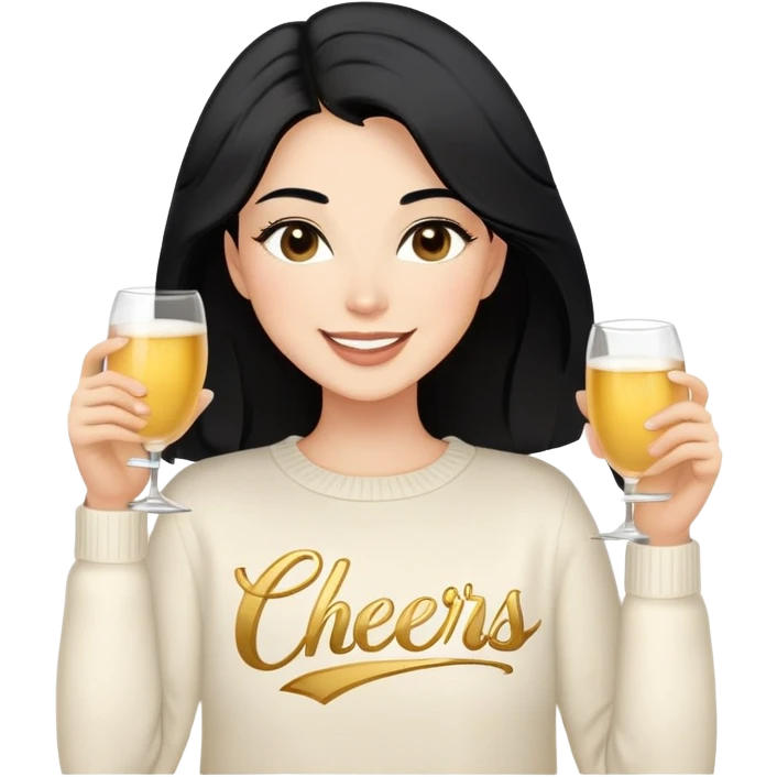 A woman with longer black hair, light to medium skin tone, full cheeks, and almond-shaped eyes, wearing a simple white sweater with the word 'cheers' in gold script, joyful and radiant expression, cheerful. emoji