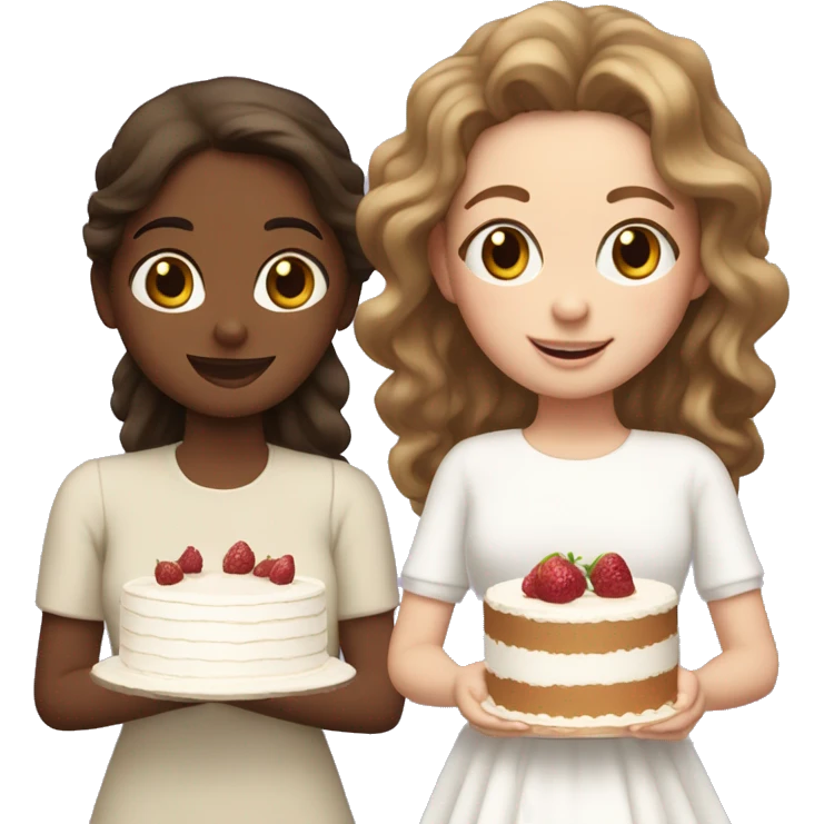 Girl with wavy hair and girl with brown straight hair together holding big white cake emoji
