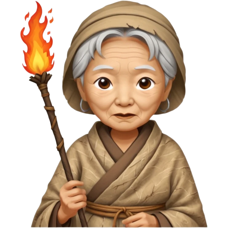 ancient asian old woman, tattered leaf cloth, hold fire stick emoji