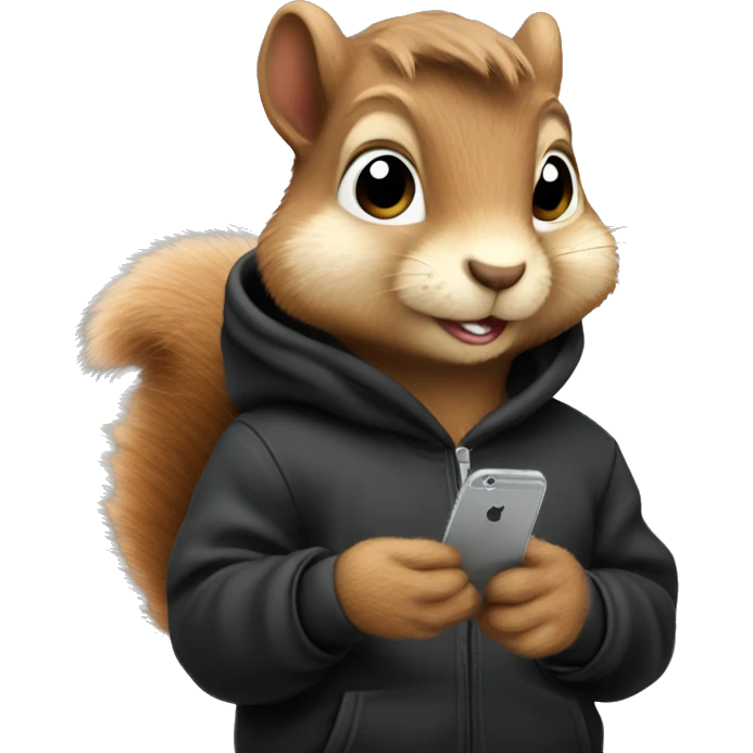 Cute fluffy Squirrel in black hoodie holding an iPhone  emoji