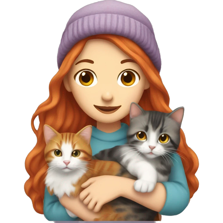 Long Red haired white woman in beanie with holding a long haired tabby cat emoji