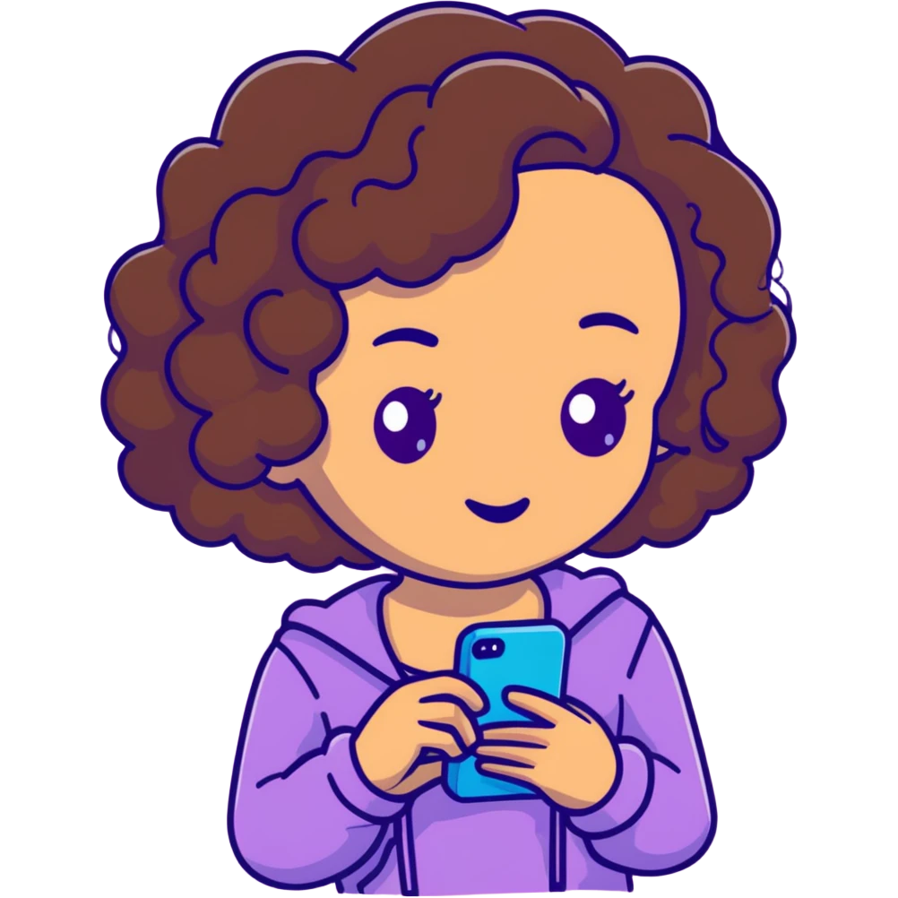 brunette girl with curly medium length hair, brown eyes, slightly tan skin, holding a phone emoji
