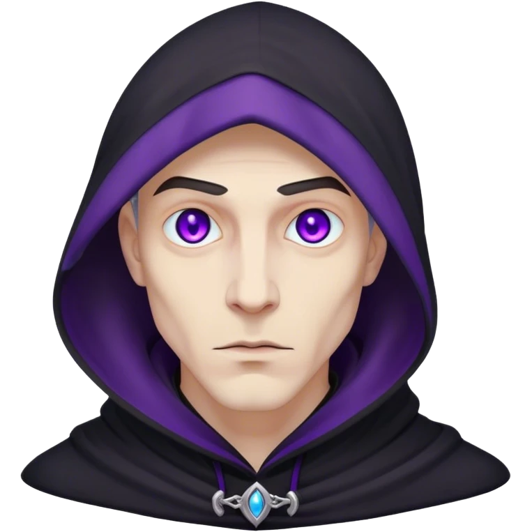 A pale sorcerer in a flowing black hood, his eerie violet eyes locked onto the viewer emoji