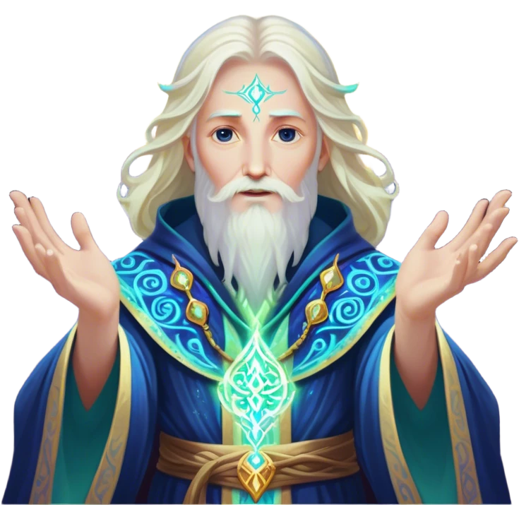 A luminescent enchanted Wizard, his ethereal presence shimmering with otherworldly energy, each detail radiating with mystical power and ancient wisdom. The painting, a masterpiece of acrylic art, captures the Wizards hauntingly beautiful visage in exquisite detail. Swirls of cosmic colors dance around him, evoking a sense of celestial wonder, while intricate patterns of glowing runes adorn his intricate robe. The image is vivid and captivating, drawing viewers into a mesmerizing realm of fantasy and magic. emoji