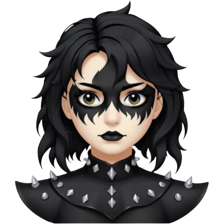 Crea una ragazza con stile black metal,  paint face black metal, capelli neri, mossi dalle spalle e occhi bianchi e un collare con borchie a punta emoji
