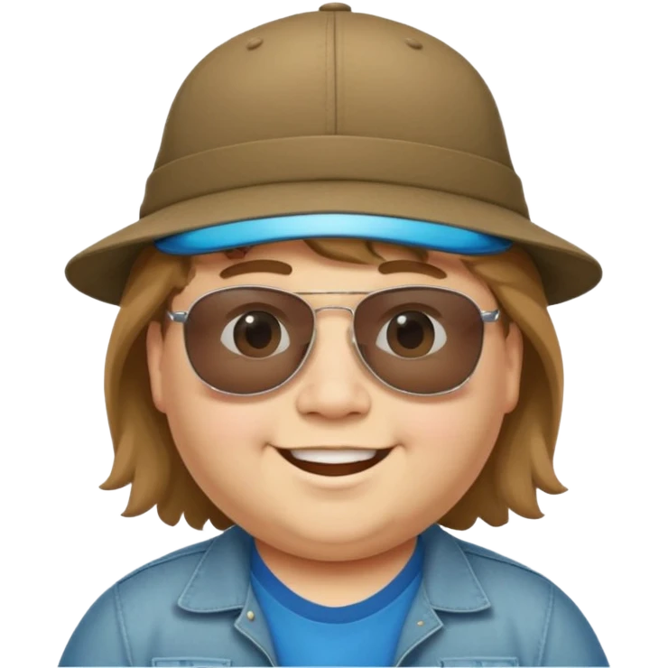 a very fat 16 year old boy who has light brown hair and a mullet and wearing a hat with upside down sunglasses on top of the hat emoji