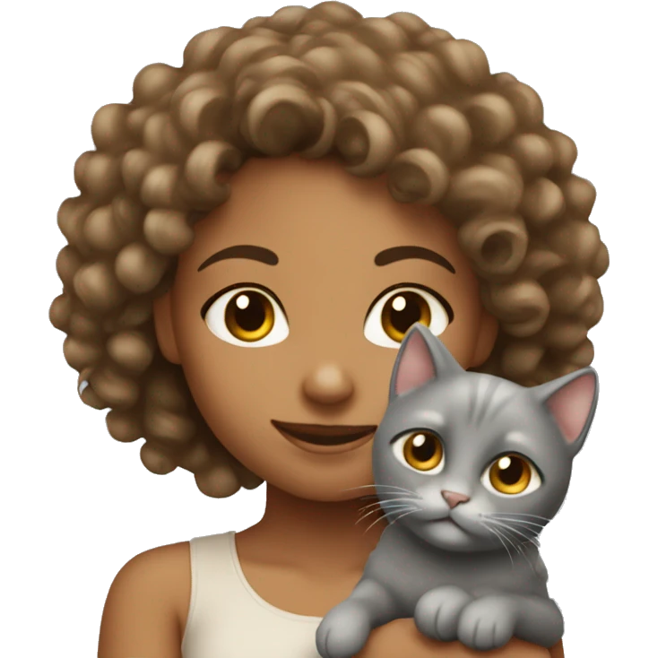Tanned curly girl holding a grey puffy cat emoji