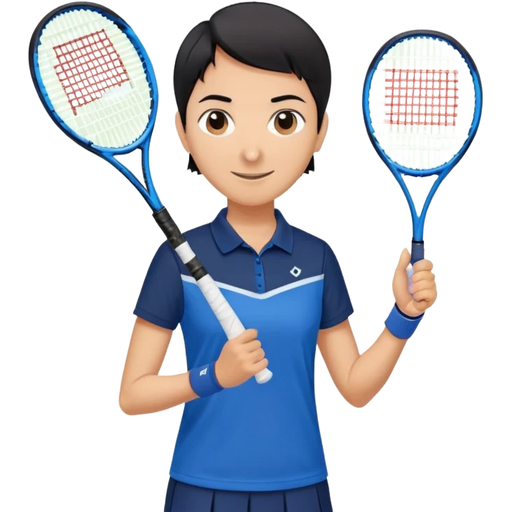light brown skinned tennis coach, short straight black hair with widow's peak, oval face, small eyes, smiling, holding blue Yonex tennis racket, wearing dark navy blue dry fit shirt emoji