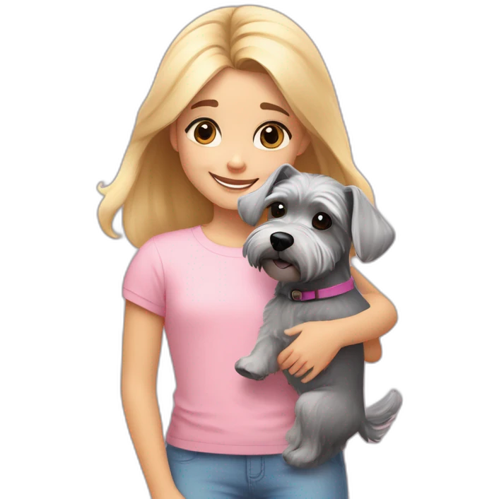 A seven-year-old girl with blonde hair and brown eyes in a light pink T-shirt and rainbow leggings hugs a gray miniature Schnauzer dog emoji