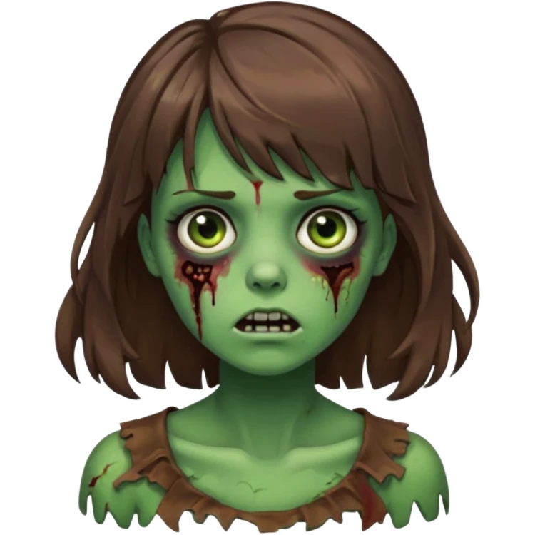 Uma menina zombie com um cabelo ondulado médio, com a franja pro lado direito, o cabelo com cor castanho com a cor de pele verde  emoji