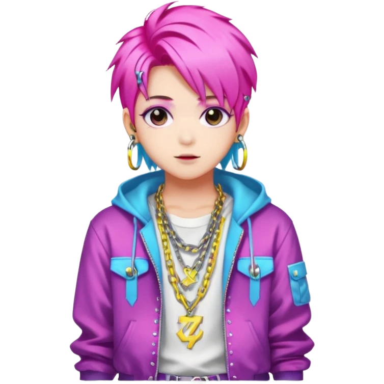  portrait-of-young-ghost-idol-in-kpop-style,-wearing-flashy-streetwear-outfit,-colorful-dyed-hair,-confident-pose,-accessorized-with-chains- emoji