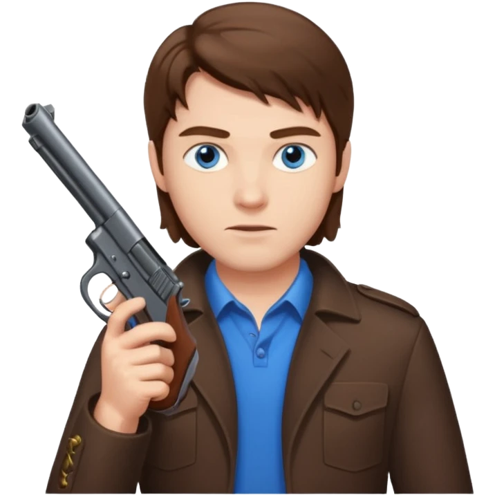 guy w medium long brown hair and blue eyes shooting himself emoji