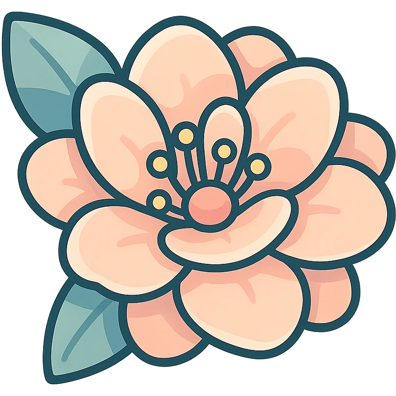peach flower with multiple layers of petals, icon-color-outlined style, volumetric, detailed shadows and highlights, smooth color transitions, thin clean contours, soft rounded shapes, pastel palette #98B5BC, #B5B3C1, #C9A3C9, #E4C0CA, #F7DCD1, #F7C0AA, modern Japanese pop art and sticker aesthetics, soft lighting, transparent background emoji